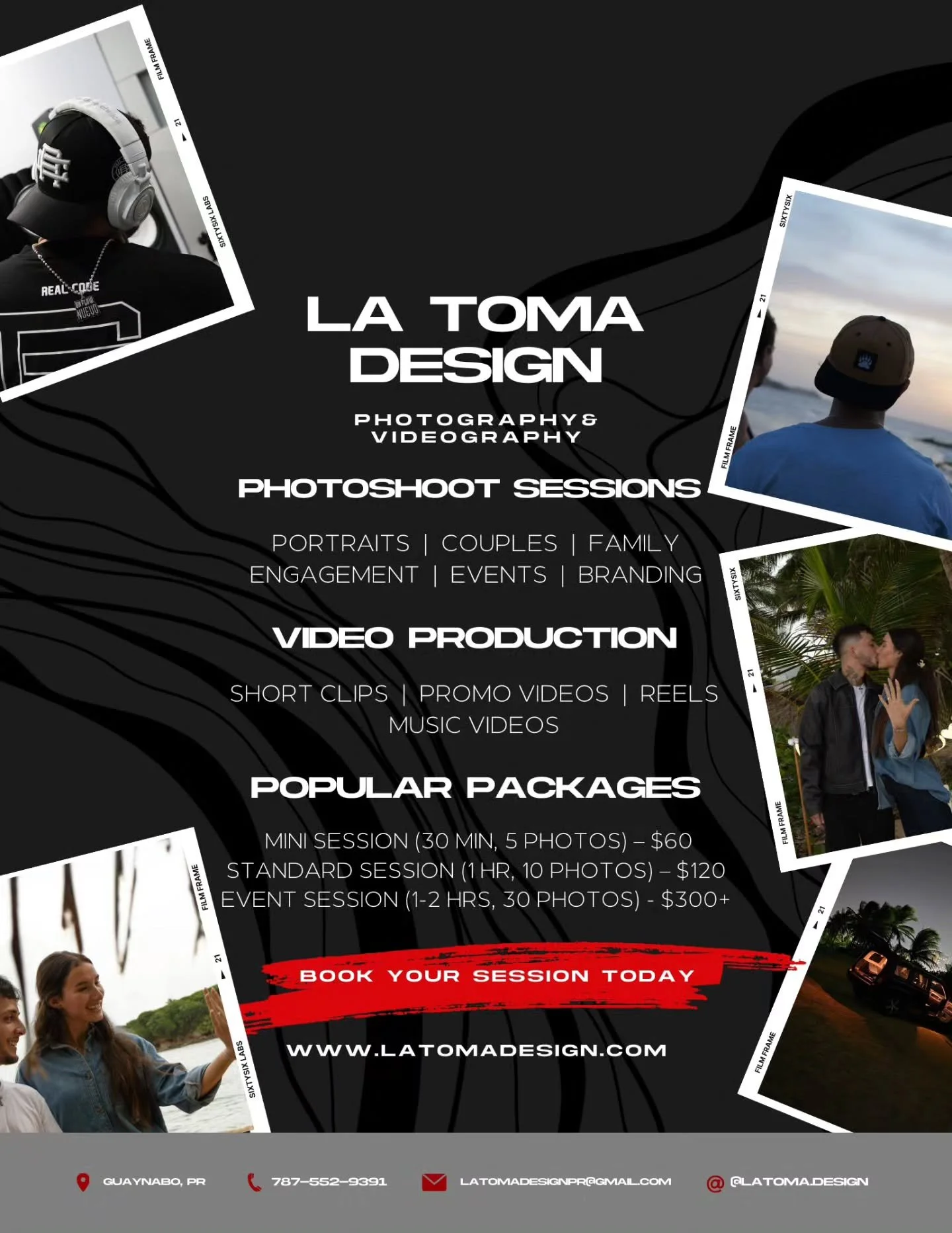 ⌞La Toma Design Photography &amp; Videography⌝

Estoy ofreciendo paquetes de fotograf&iacute;a y videograf&iacute;a 📸. Los paquetes empiezan en $60 dependiendo de tus necesidades. &iexcl;Cont&aacute;cteme para trabajar juntos!

La Toma is now offeri
