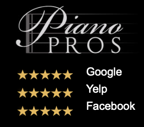 Logo of Piano Pros with ratings; five stars each for Google, Yelp, and Facebook.