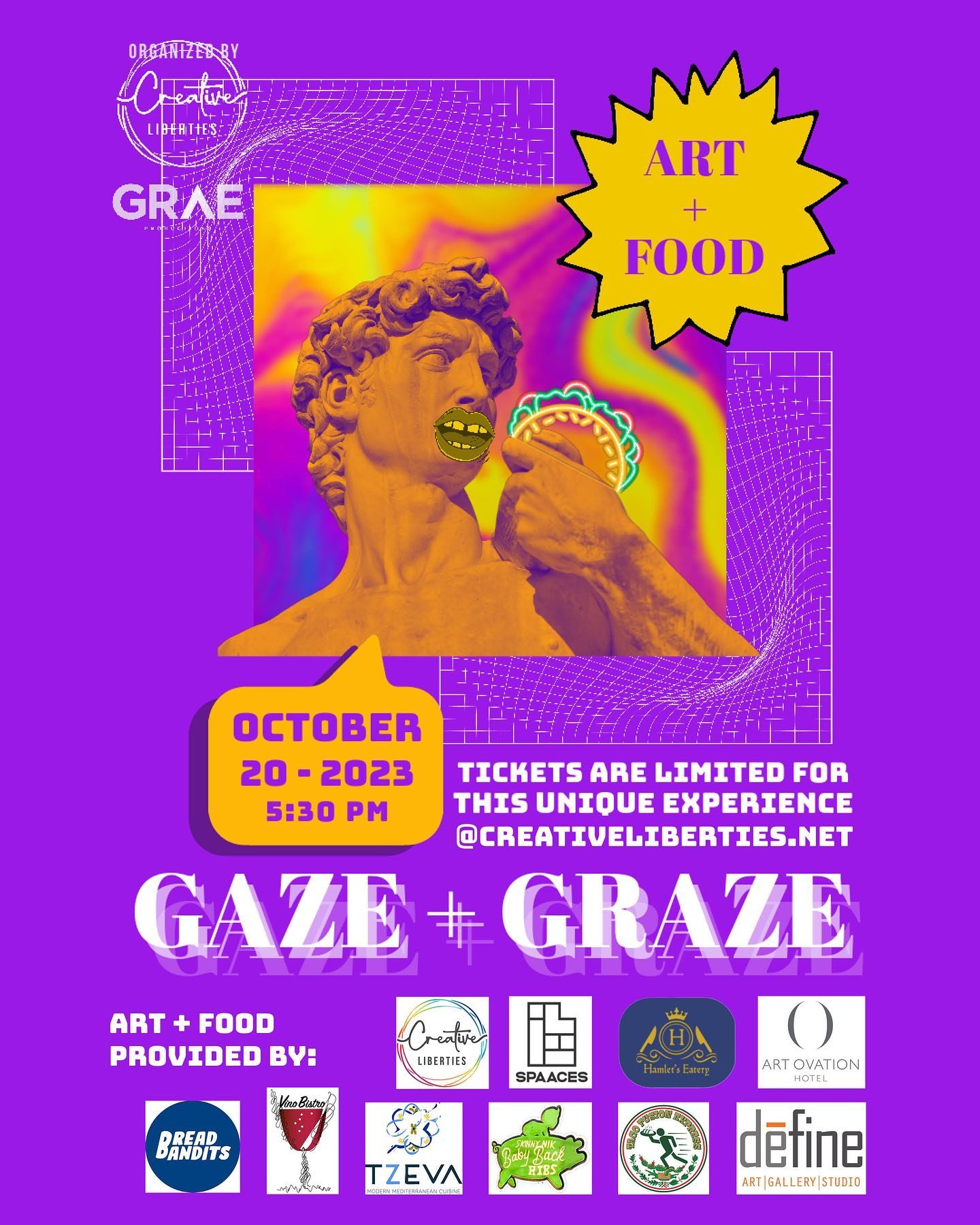 Get your ticket today for Gaze + Graze, a progressive dinner experience.  Where local art meets local food.  7 galleries, 7 local small plates, 1 trolley, and 38 new friends. 

Join us on this journey October 20th, 5:30pm 
Tickets available now at ww
