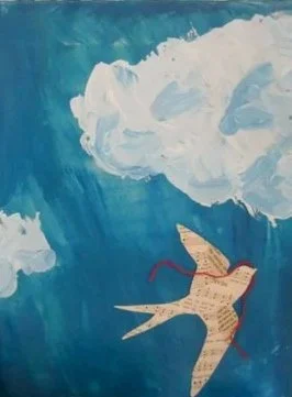 A bird in flight against a blue sky with clouds, painted with a collage of newspaper clippings.