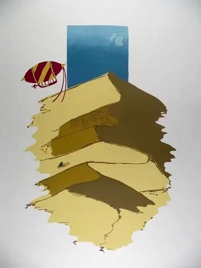 A surreal artwork featuring a blue sky with a cloud, a red and yellow umbrella, and layered earthy brown and yellow geometric shapes resembling a landscape or mountain terrain.