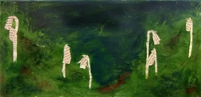 Abstract painting with green and dark blue tones, featuring five white figures or shapes.