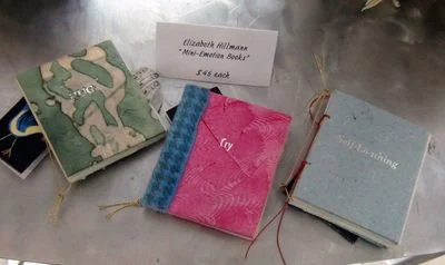 A collection of small books with colorful covers, including pink, blue, and green, displayed on a metallic surface with a handwritten note indicating the price of $3.49 each.