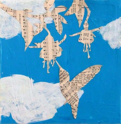 Artwork featuring cut-out shapes resembling birds or angels on blue background with paper music sheet patterns.