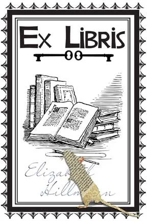 A vintage-style bookplate with a border, featuring the text 'Ex Libris' at the top, an illustration of stacked books below, and a handwritten name 'Elizabeth Lilliam' at the bottom.