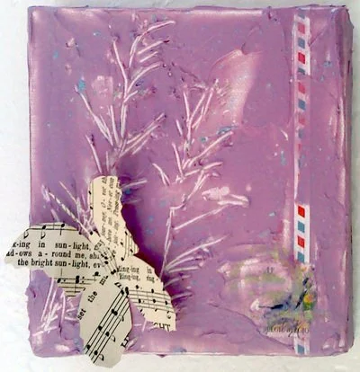 Mixed media artwork on purple background with torn paper, sheet music, and painted handprints or foliage.