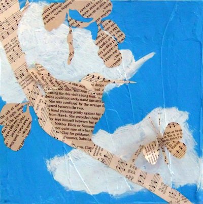 Collage of paper cutouts of ballet dancers and a flying dog on a blue background.