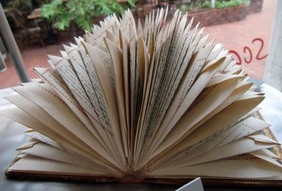 Rescued old book with pages folded creating an abstract repeating pattern.
