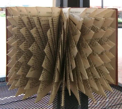 Rescued old book with pages folded creating an abstract repeating pattern.