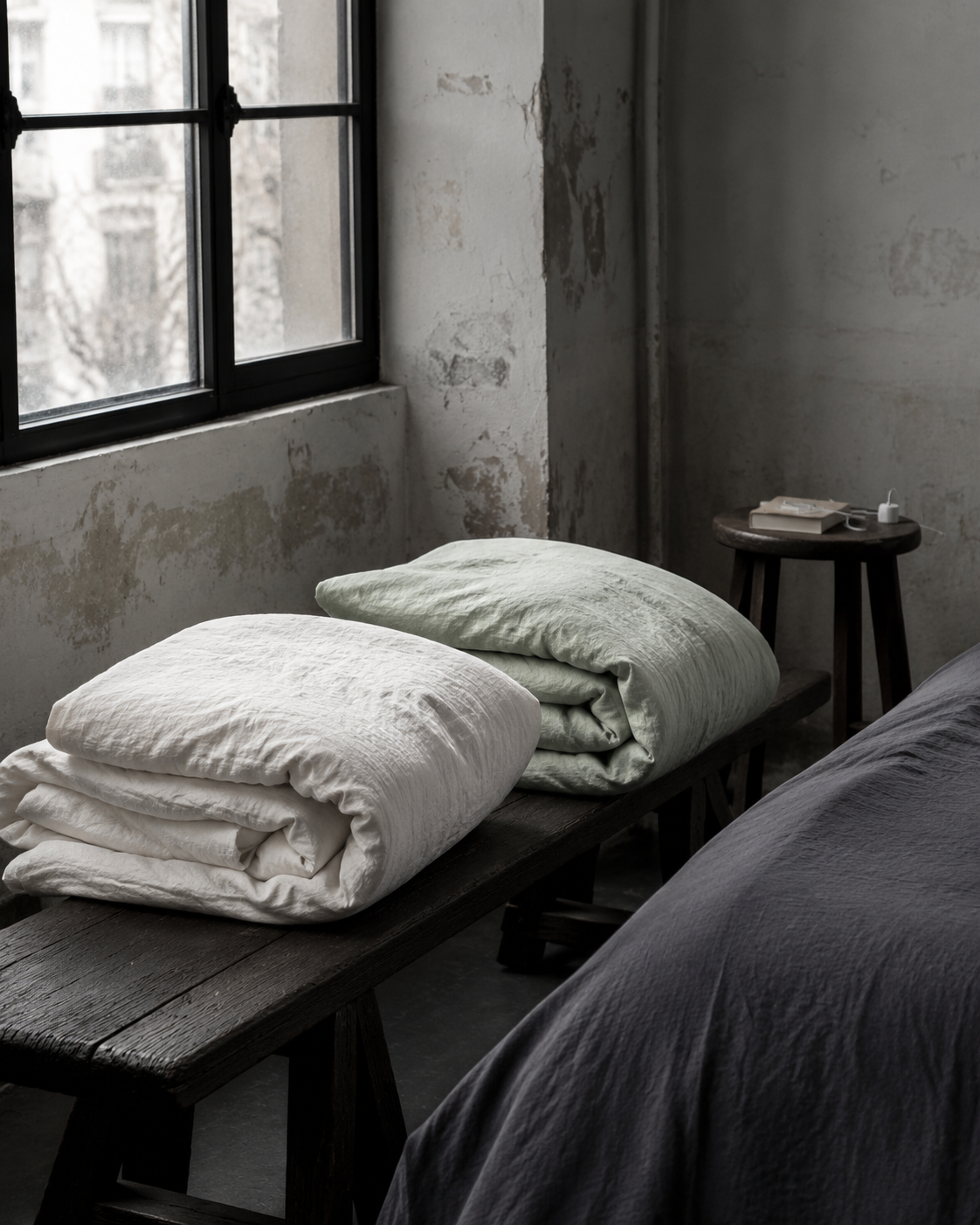Two separate duvets in warm ivory and pastel sage green, casually folded on a dark bench in an urban bedroom.