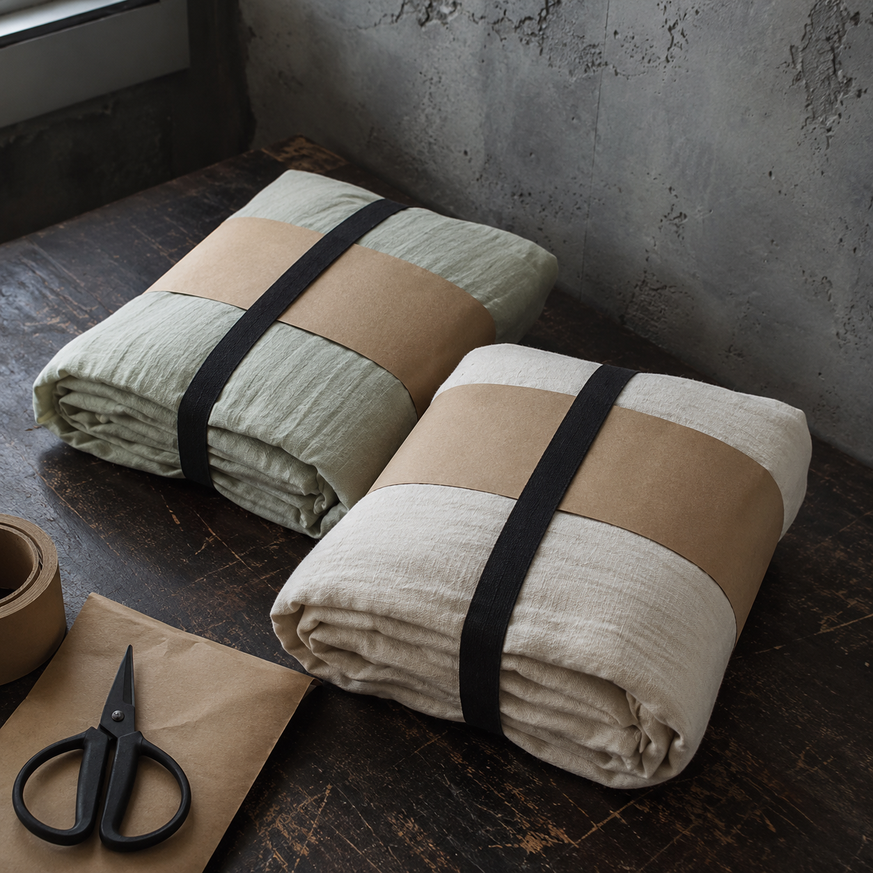 Two duvet bundles in pastel sage green and warm ivory, packed with kraft paper and black cotton straps.