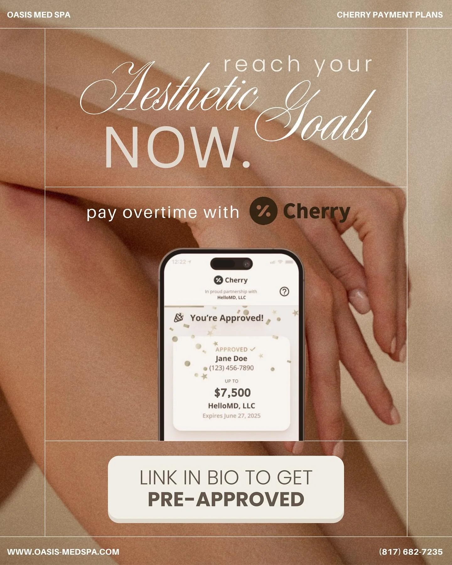 📣 Exciting News! Now Offering Cherry Payment Plans 🍒

Get the treatments you love NOW and pay over time&mdash;with Cherry Financing!

✔️ Approvals in 60 seconds
✔️ No hard credit check
✔️ Easy monthly payments
✔️ 0% APR available

Click the link in