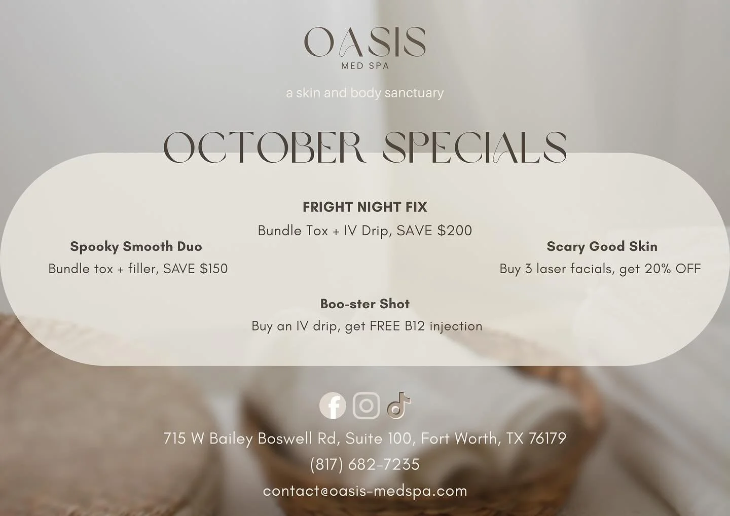 Come see us for our 🎃ctober specials!!

Spooky Smooth Duo
Bundle tox + filler, SAVE $150

FRIGHT NIGHT FIX
Bundle Tox + IV Drip, SAVE $200

Scary Good Skin
Buy 3 laser facials, get 20% OFF

Boo-ster Shot
Buy an IV drip, get FREE B12 injection

DM us