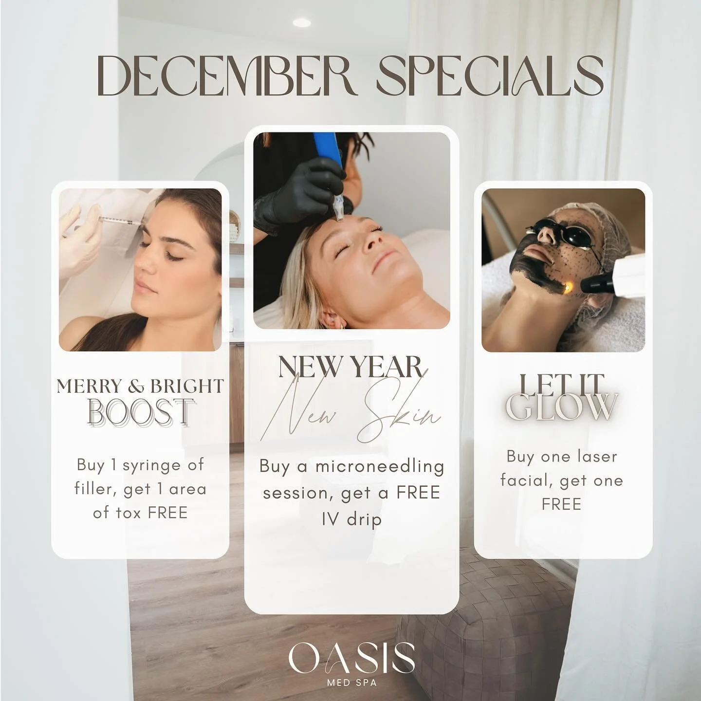 Tis&rsquo; the season to treat yourself ✨

Our December Specials are live and they&rsquo;re so good:

💉 Buy 1 syringe of filler &rarr; get 1 area of tox FREE
✨ Microneedling session &rarr; FREE IV drip
🌟 Laser facial &rarr; Buy one, get one FREE

P
