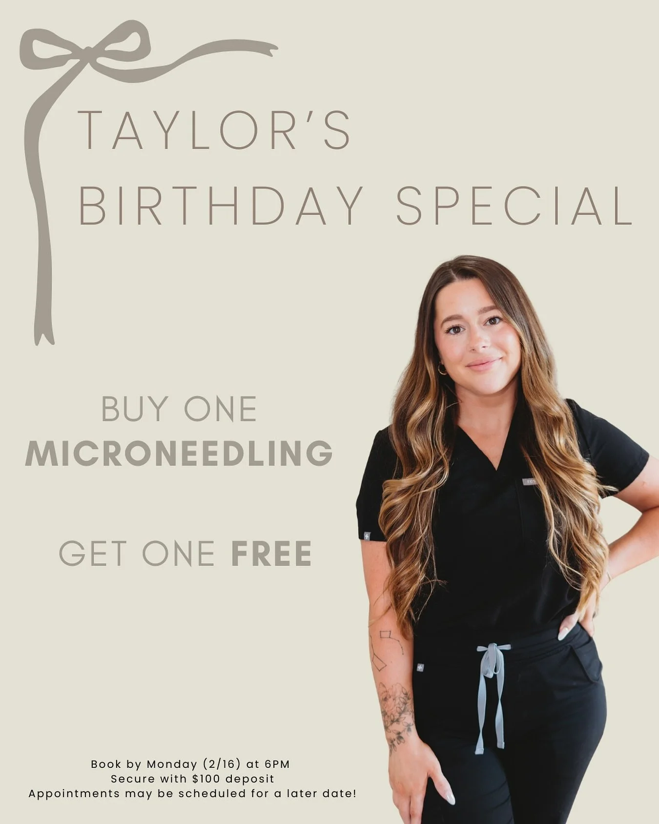 It&rsquo;s @tay.stults birthday, so we&rsquo;re celebrating with something special 🎂

For a limited time, purchase one microneedling session and receive one FREE.

Appointments must be scheduled by Monday at 6PM with a $100 non refundable deposit. T