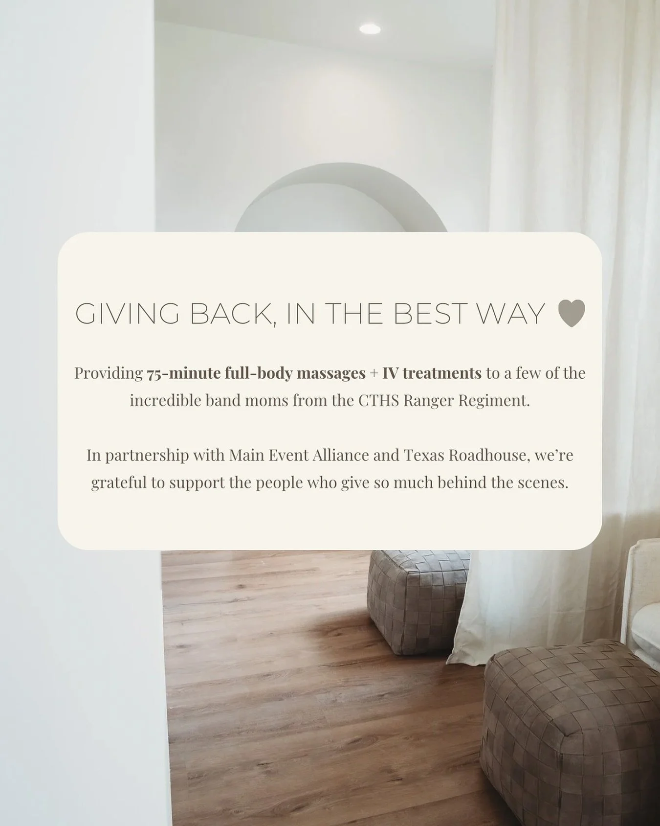 Grateful to be part of something special 🤍

We had the opportunity to provide 75-minute full-body massages + IV treatments to several band moms from the CTHS Ranger Regiment, alongside Main Event Alliance and Texas Roadhouse.

Supporting the people 