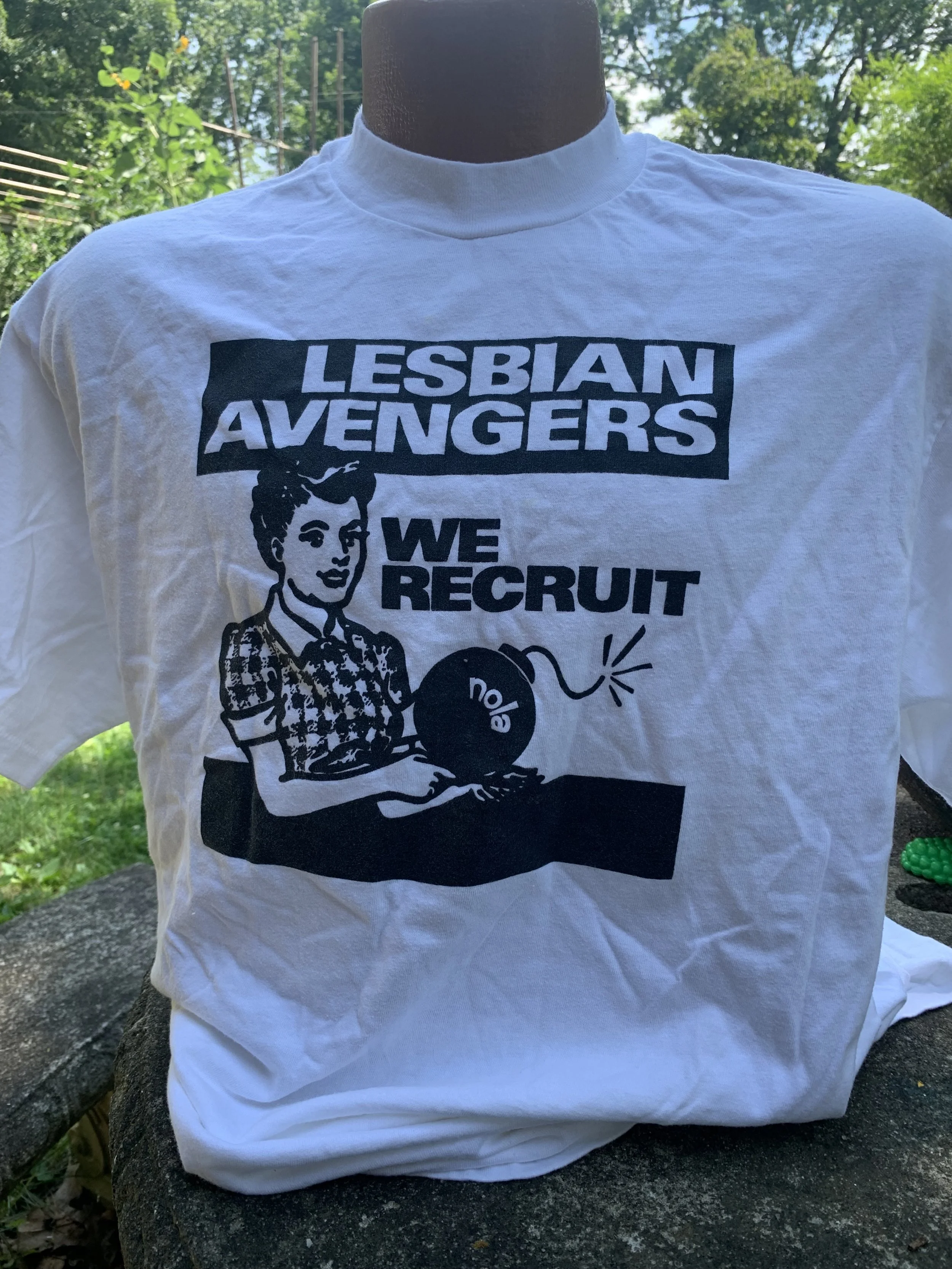 Lesbian avengers T shirt, white with black letters NOLA