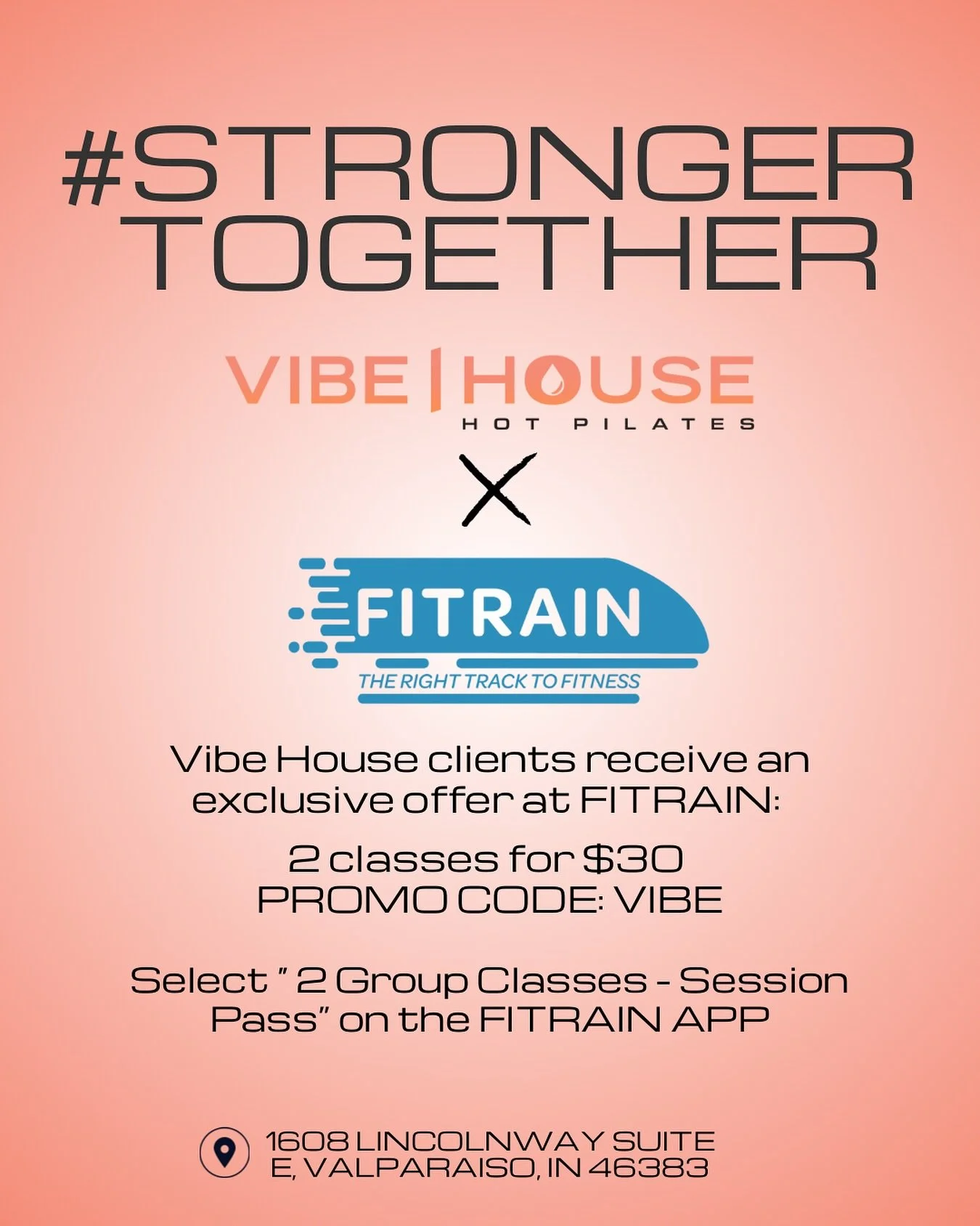 💪STRONGER. TOGETHER.⚡️

Two local studios. One powerful community. 💥
We&rsquo;re beyond excited to team up with our friends at FITRAIN Valpo &mdash; right down the street from our Valparaiso location!

VIBE HOUSE x FITRAIN = the ultimate combo of s