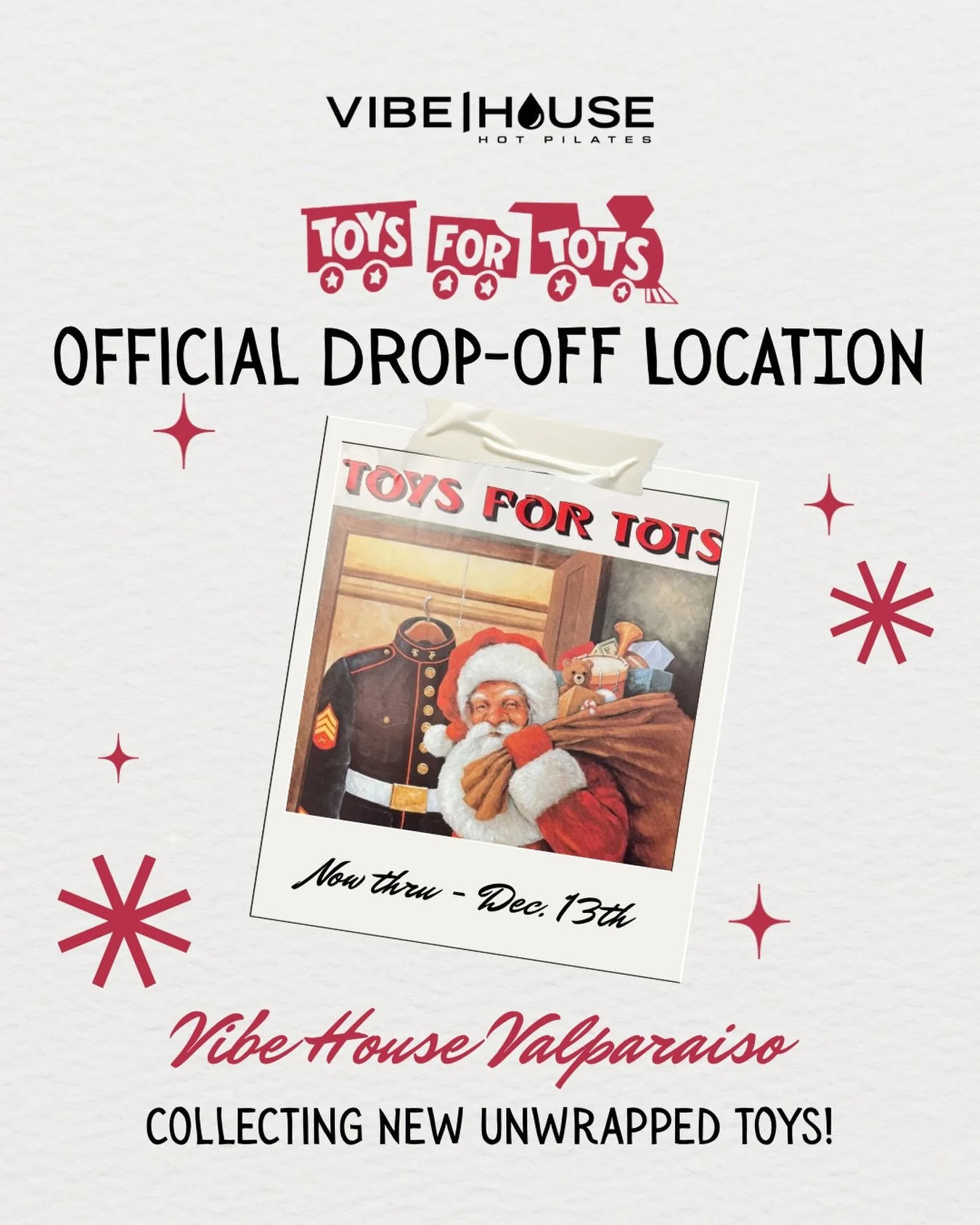 🚂✨ TOYS FOR TOTS at VIBE HOUSE! ✨🚂

We&rsquo;re so excited to share that Vibe House Valparaiso is an official Toys for Tots drop-off location this holiday season! 🎁❤️

Let&rsquo;s come together as a community and spread some joy! Now through Decem