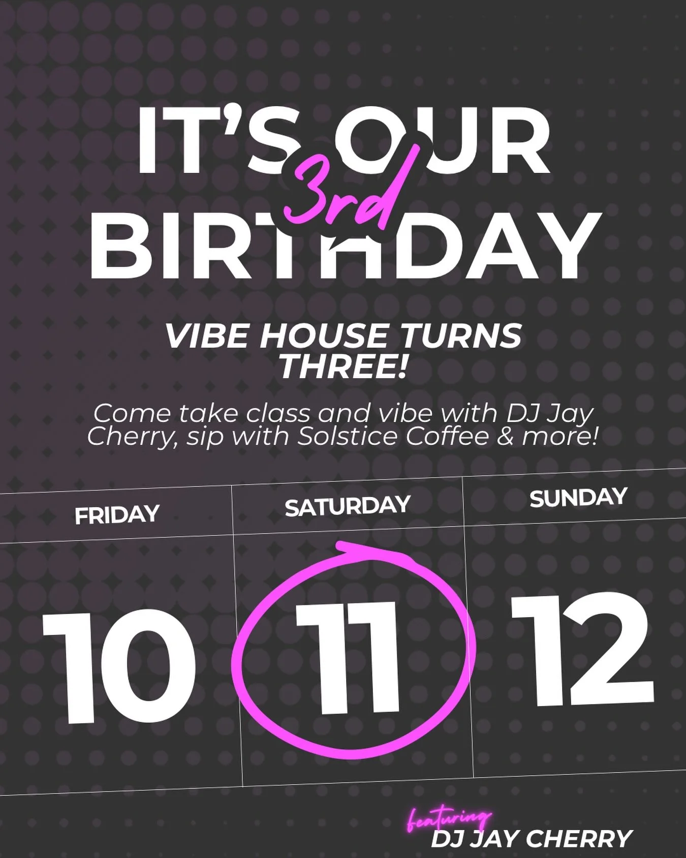 3 YEARS OF VIBE 🔥

Did you hear? It&rsquo;s our birthday.🎉

This Saturday, April 11th we&rsquo;re celebrating 3 years of heat, energy, and the community that built it all.❤️&zwj;🔥

Expect:
Killer classes.
Bumping beats with DJ Jay Cherry🍒@jay_che