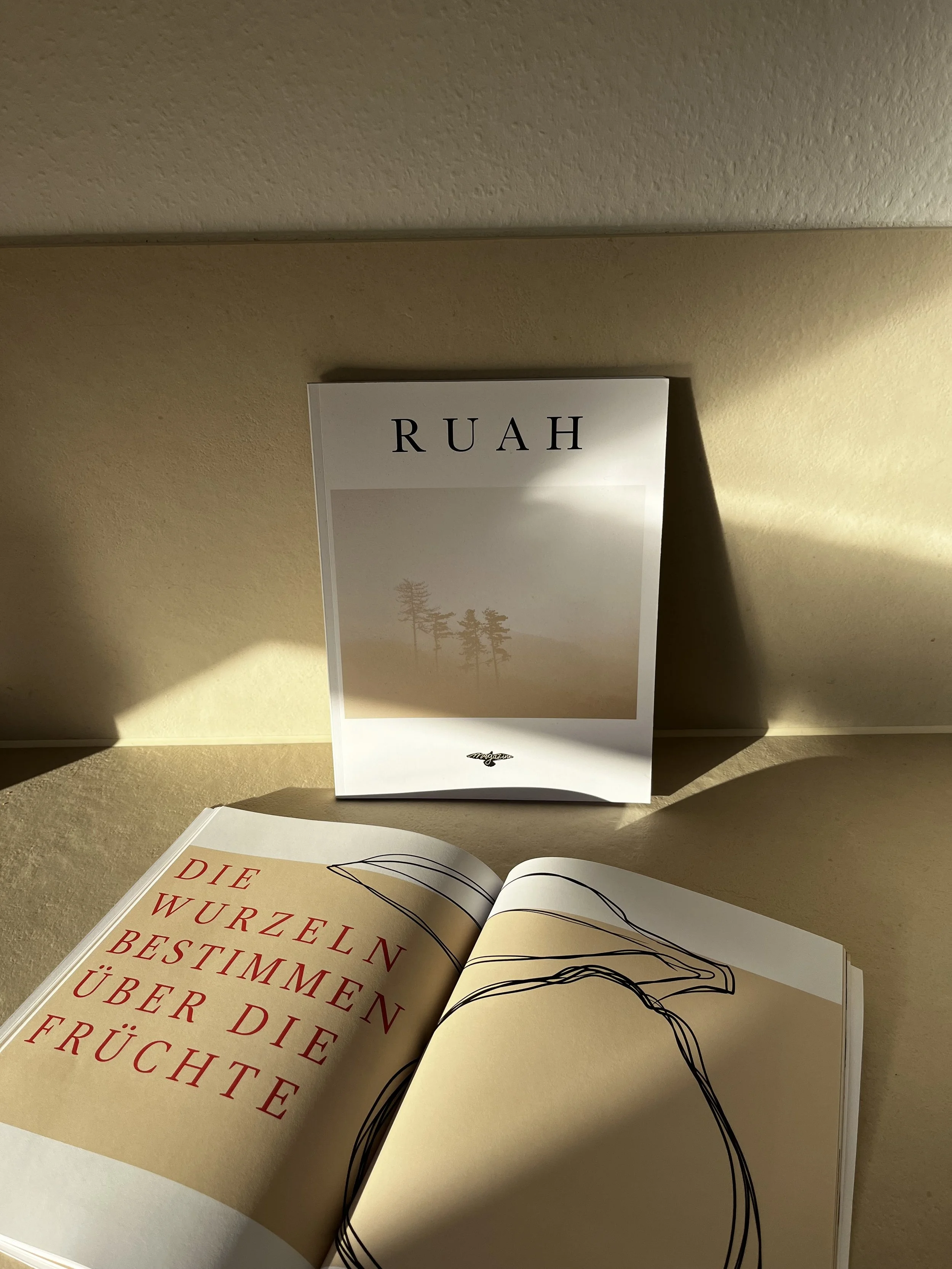 Offenes Buch mit deutschem Text auf einer Seite und einer Illustration auf der anderen, im Hintergrund ein Buch mit dem Titel 'RUAH' auf einem beige farbigen Untergrund.