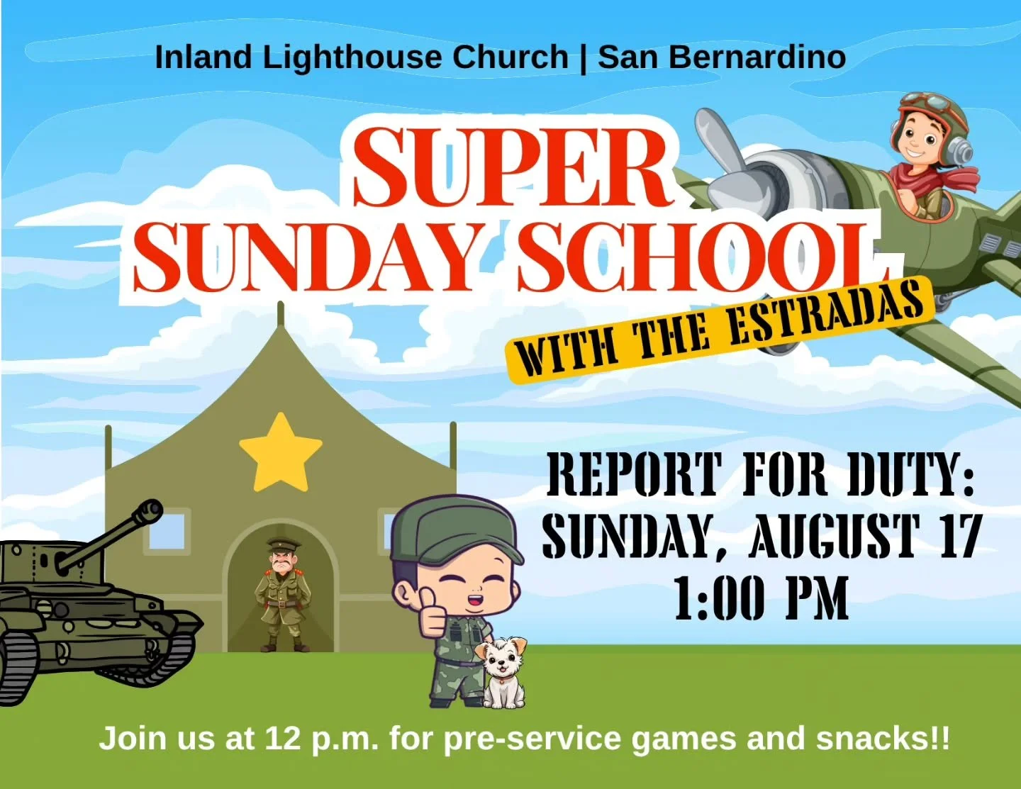 ๐๏ธ SUPER SUNDAY SCHOOL TAKEOVER๐๏ธ
Calling all soldiers in the army of the Lord!
It’s time to REPORT FOR DUTY!
๐
Sunday, August 17
๐ 1:00 PM (Pre-service games & snacks start at 12:00 PM!)
We’re storming the sanctuary with prai