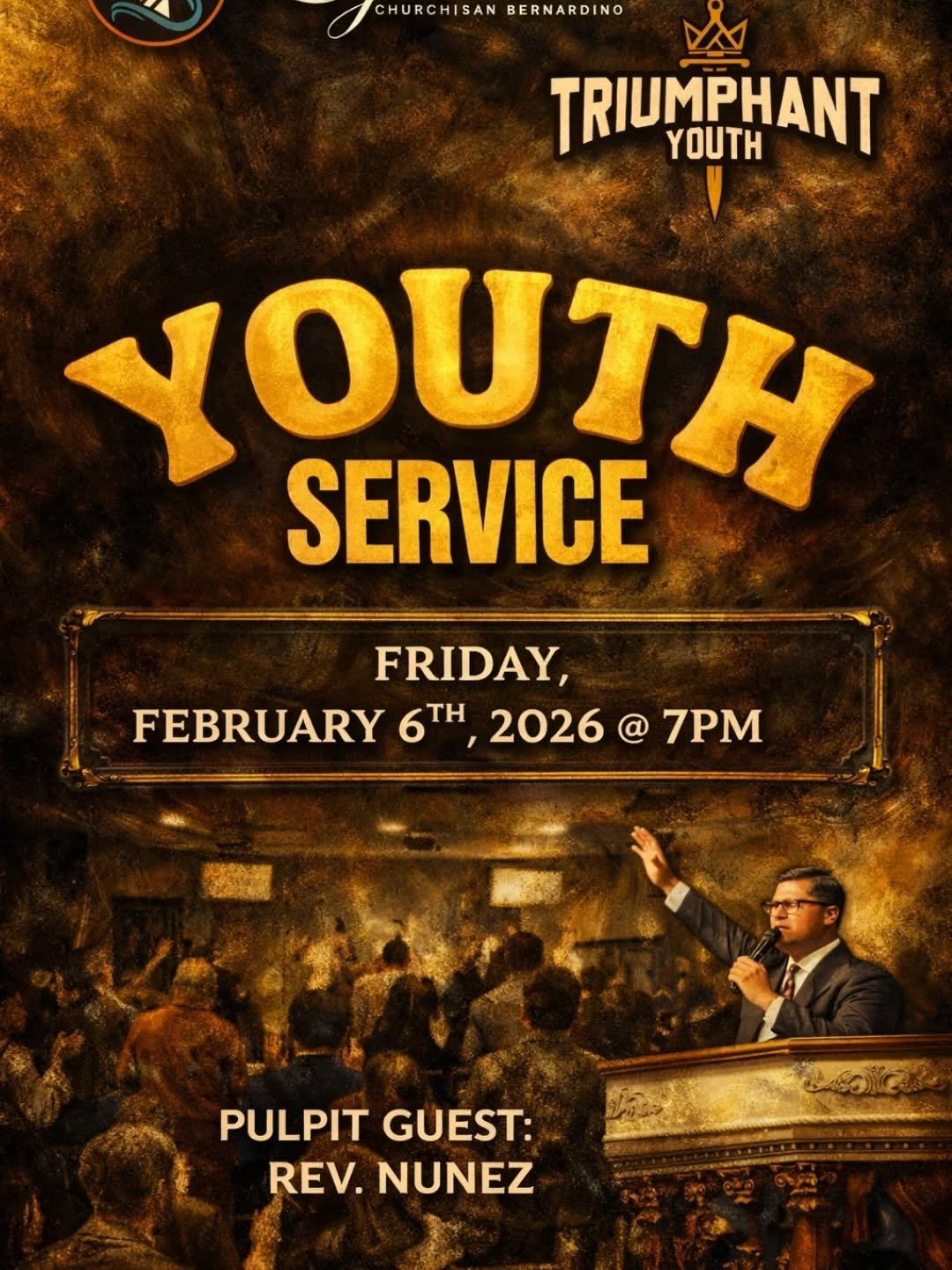 Youth Service | Friday, Feb 6 &middot; 7PM

All area church's youth groups are invited.

Come as you are. Bring a friend.
Let&rsquo;s gather, worship, and connect.

🍽 After service, food &amp; fellowship for everyone at Pastor Dillon&rsquo;s home.


