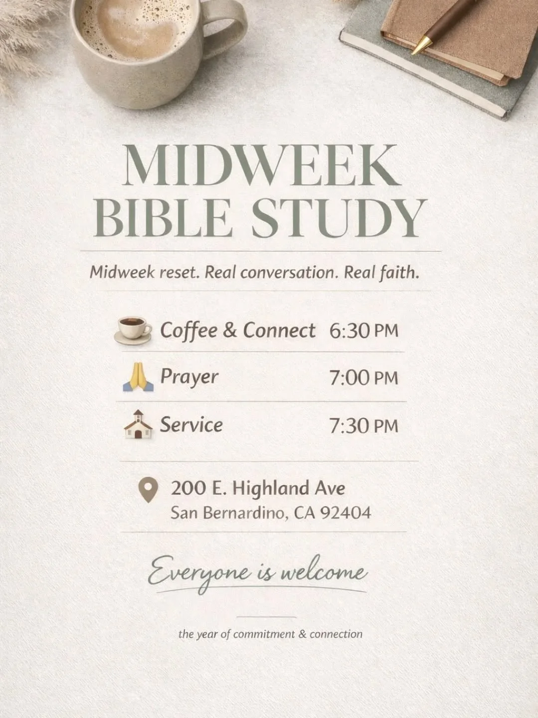Need a midweek reset?
This is it.

Step away from the noise.
Take a breath.
Spend time in the Word.

Bible Study tonight ✨
Come as you are, leave encouraged.
See you there. 

200 E. Highland Ave. San Bernardino CA 92404