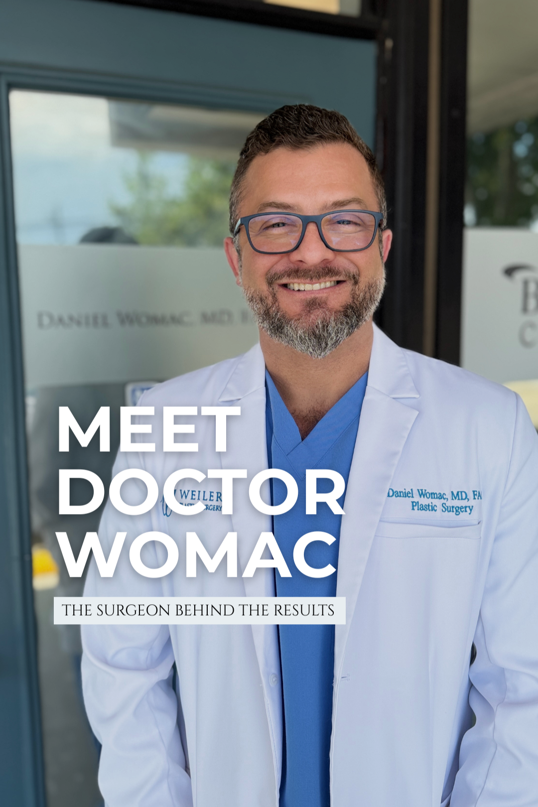 image of Dr. Daniel Womac standing outside Weiler Plastic Surgery in Metairie in his white coat and blue scrubs