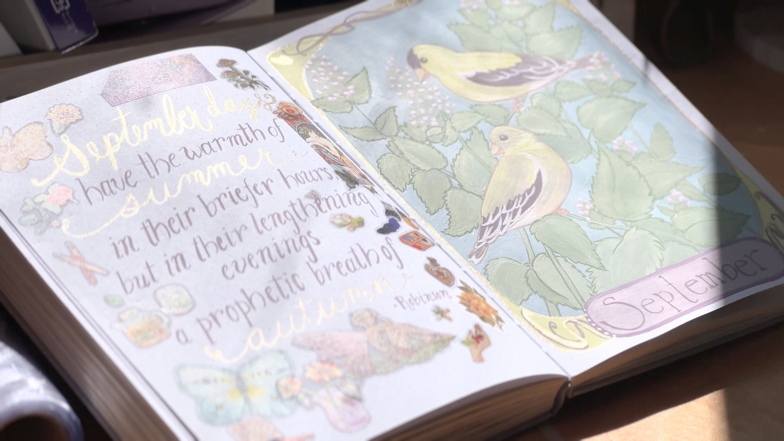 September 2025 journal pages, goldfinches & catnip in an art nouveau style; gouache, watercolor, ink