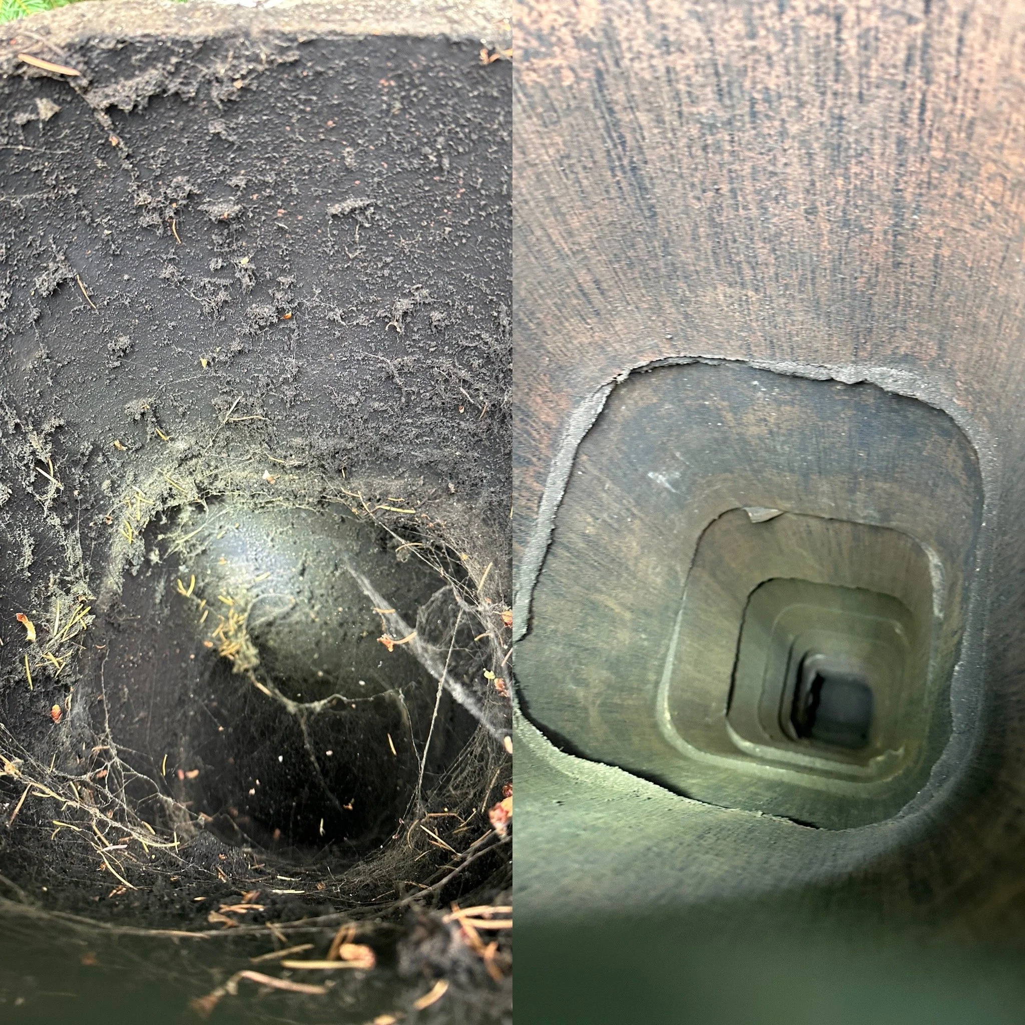 Before and after view of a chimney flue following professional chimney sweeping.
