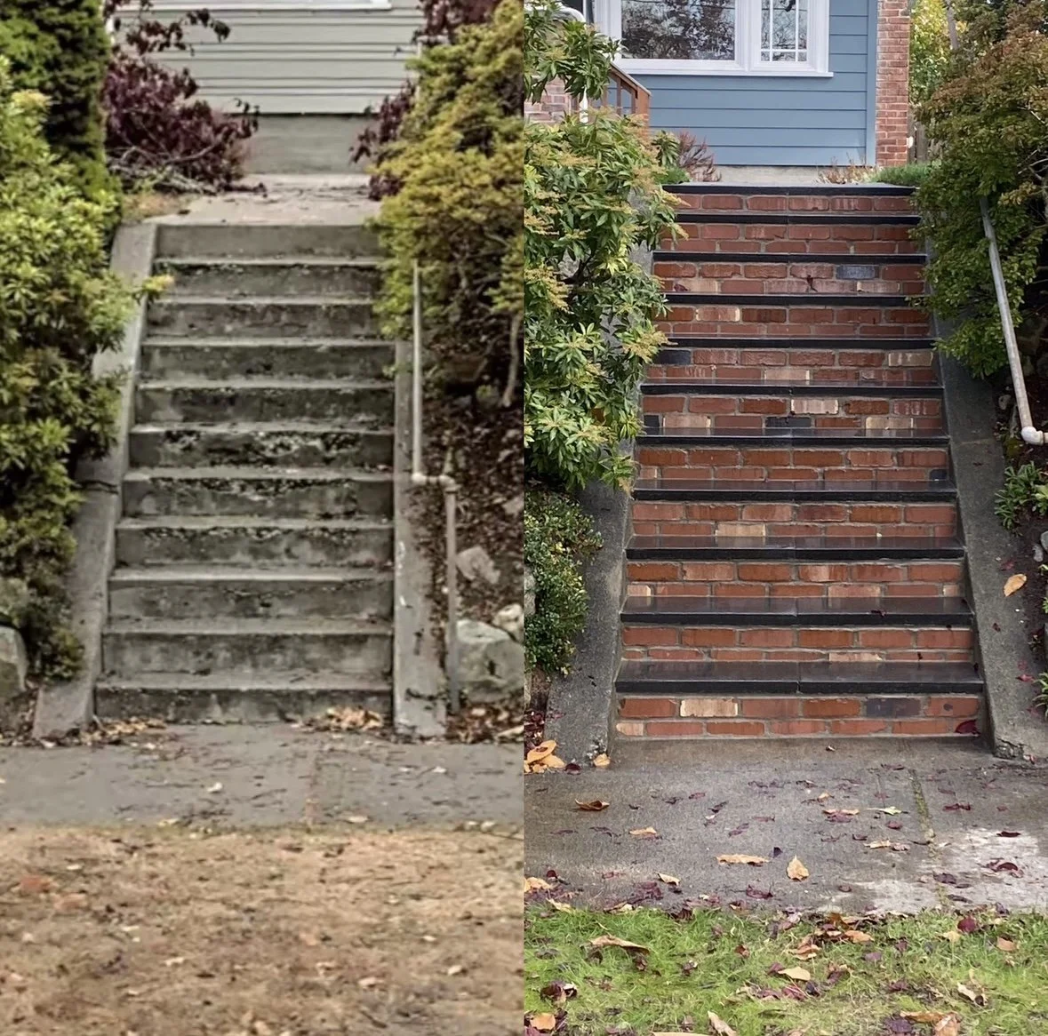 Before and after brick step and masonry repair by Puget Sound Pro Services.