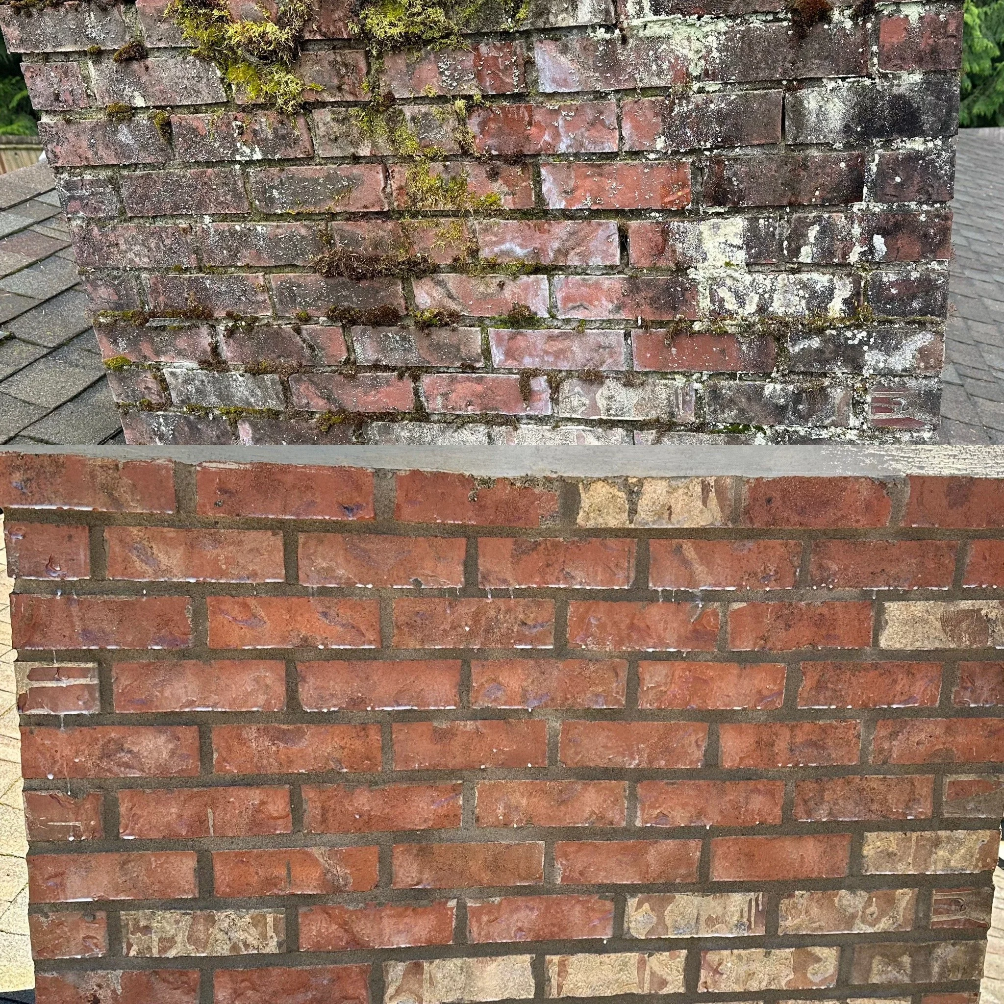 Close-up of a brick chimney before and after pressure washing and tuckpointing.