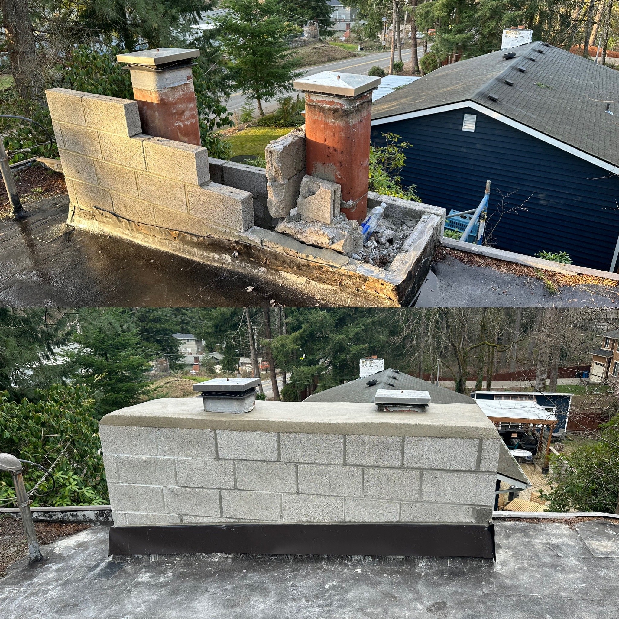 Block chimney masonry repair and restoration in progress on a residential roof.