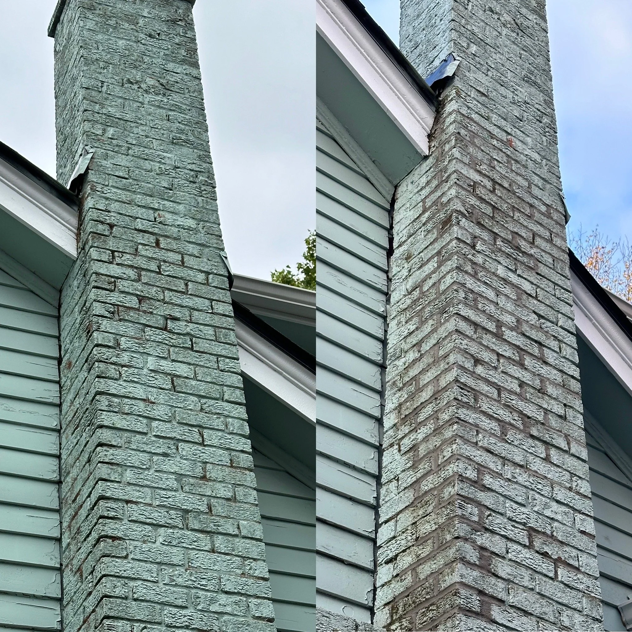 Before and after of chimney tuckpoint spot work.