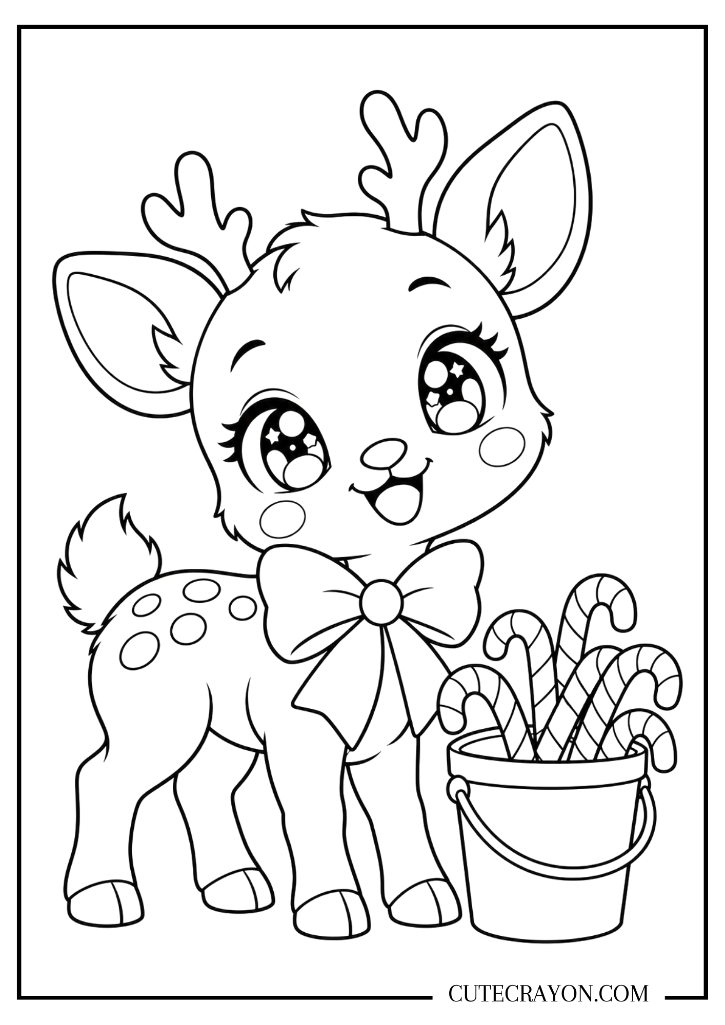 Christmas reindeer coloring page with a spotted baby reindeer wearing a large bow beside a bucket of candy canes.