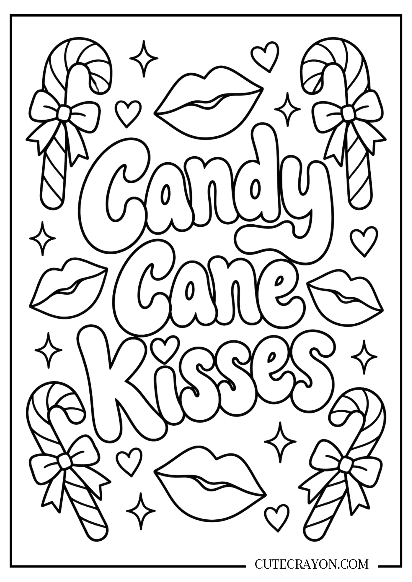 Candy Cane Kisses Christmas coloring page with striped candy canes, bows, lips, and hearts – free printable PDF