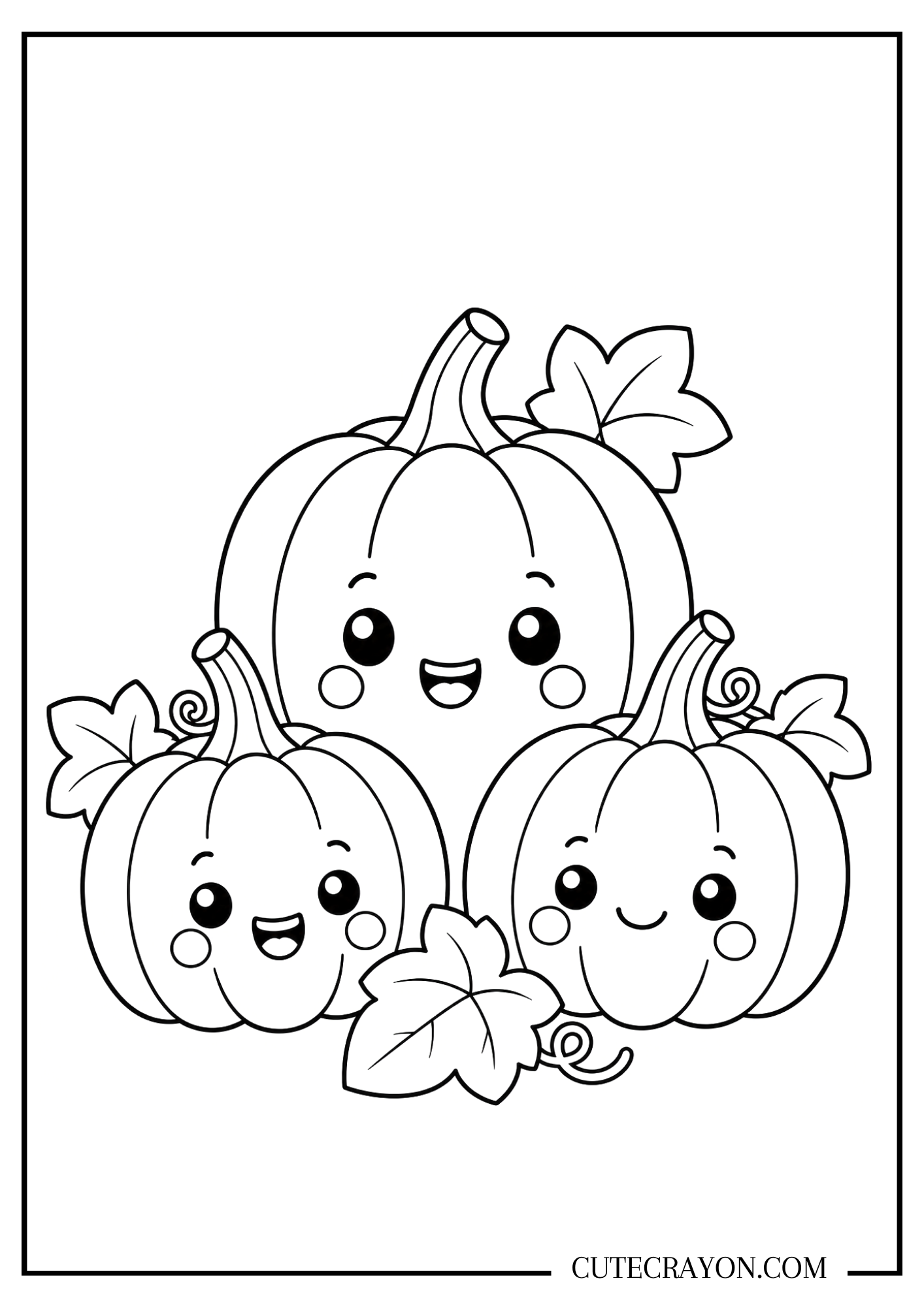 Cute fall coloring page featuring three smiling pumpkins with kawaii faces, curly vines, and autumn leaves in a simple black-and-white design.