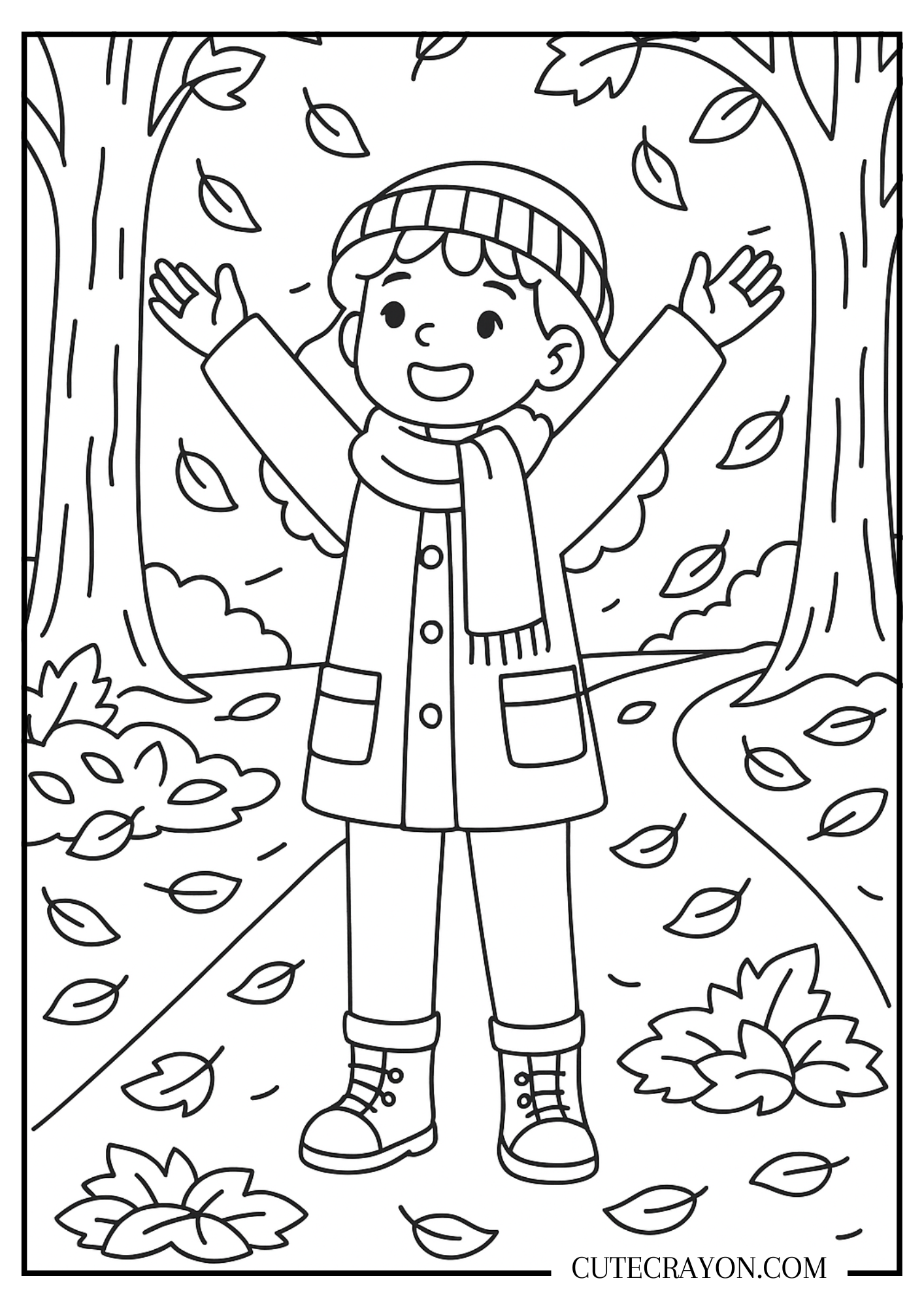 Fall coloring page featuring a happy child in a coat, scarf, and hat standing in a forest with falling autumn leaves.