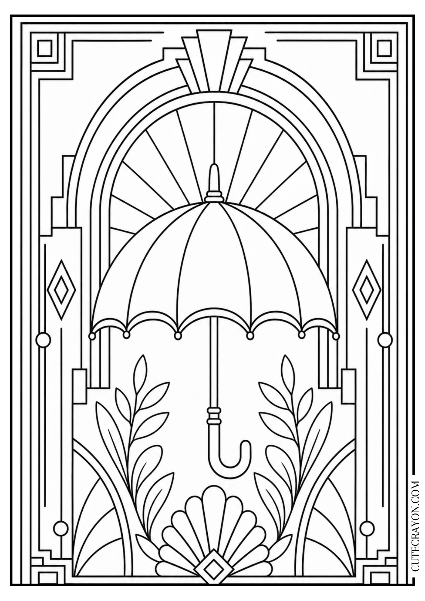 Autumn coloring page, free printable PDF, featuring an Art Deco–style umbrella with geometric borders, leafy branches, and elegant fall details.