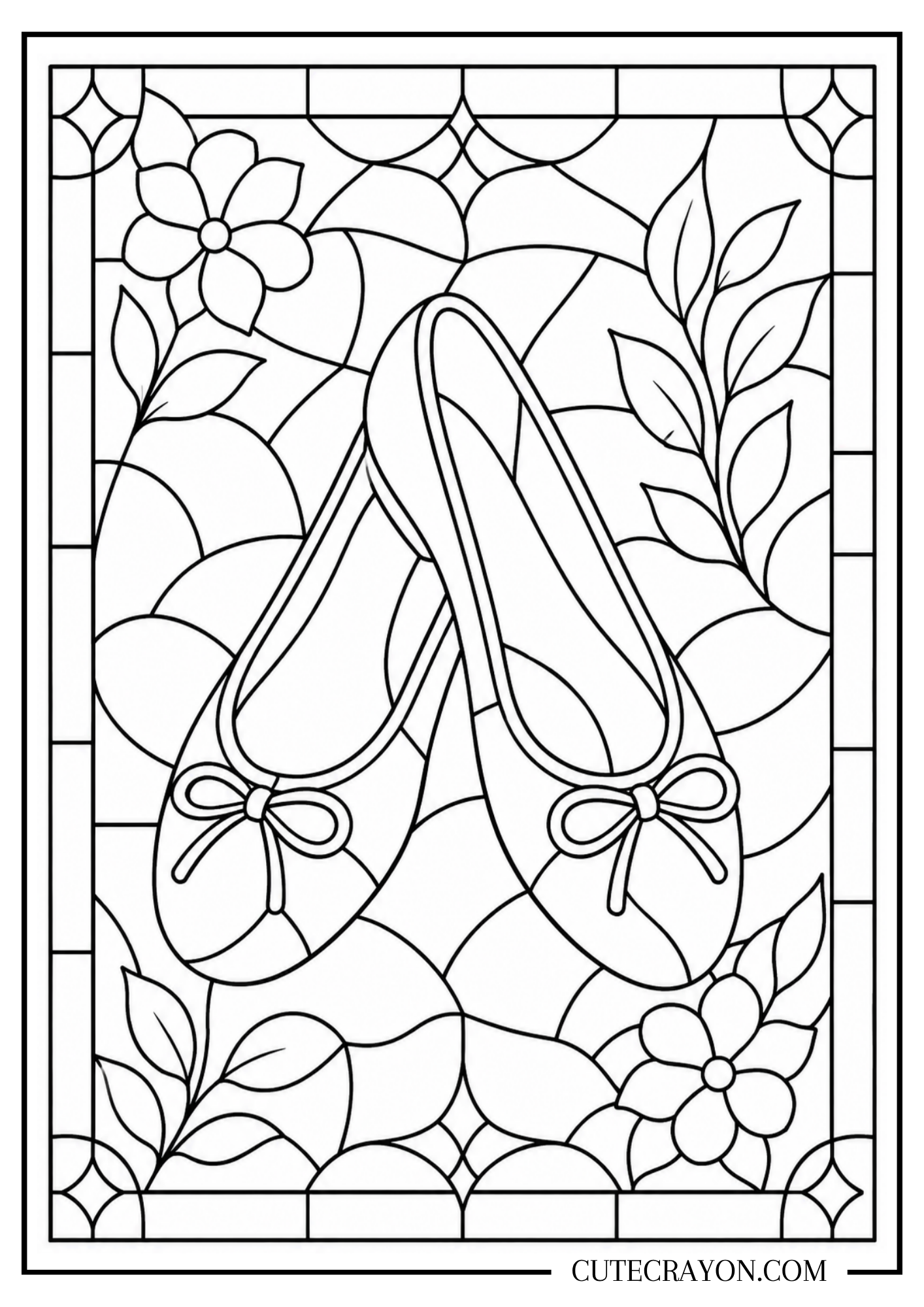 Ballet flats coloring page featuring a pair of bow-tie ballet flats in a stained glass design with flowers, leaves, and decorative borders.