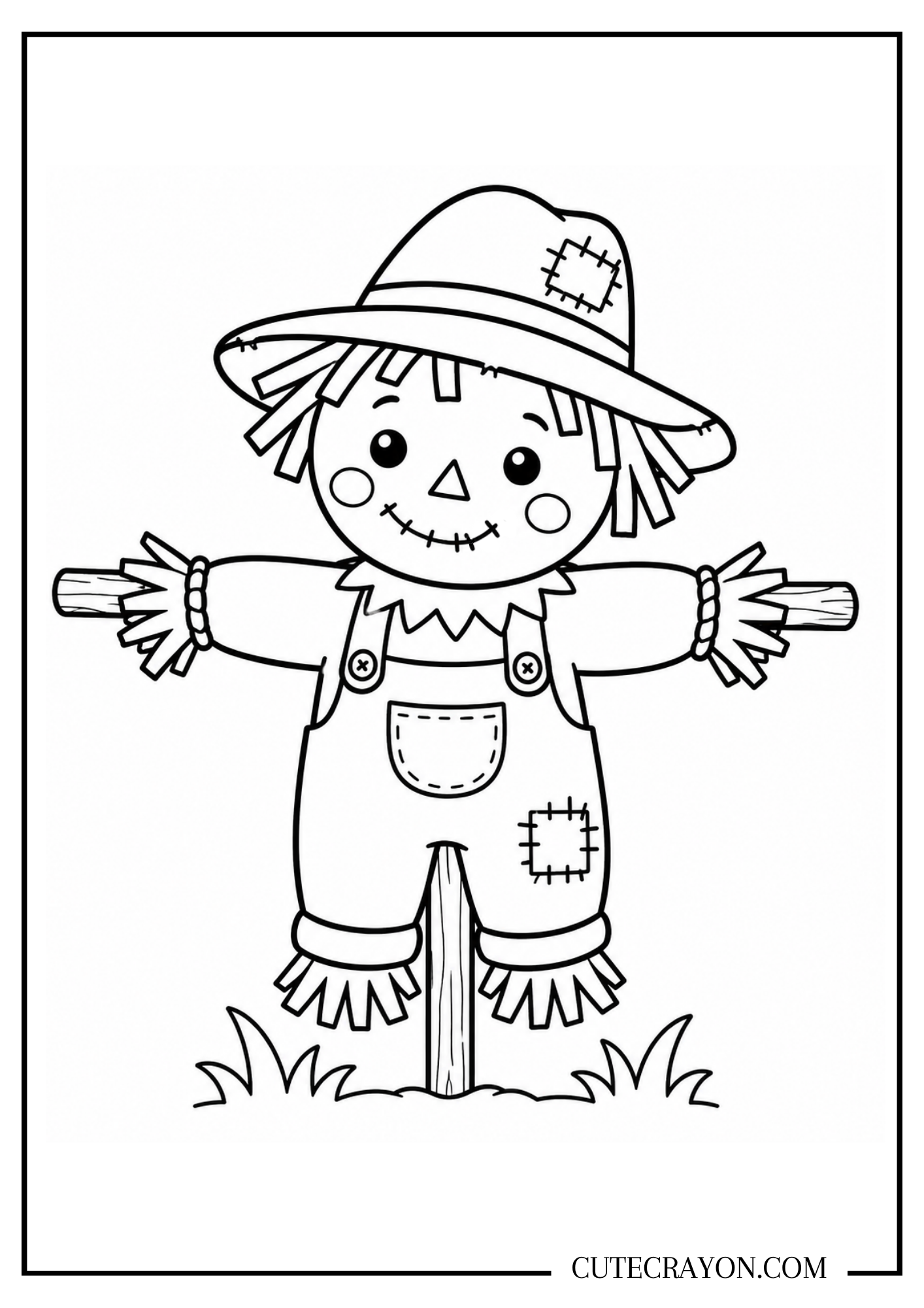Cute fall coloring sheet, free printable PDF, featuring a smiling scarecrow with a patched hat, overalls, straw arms, and simple autumn grass details.
