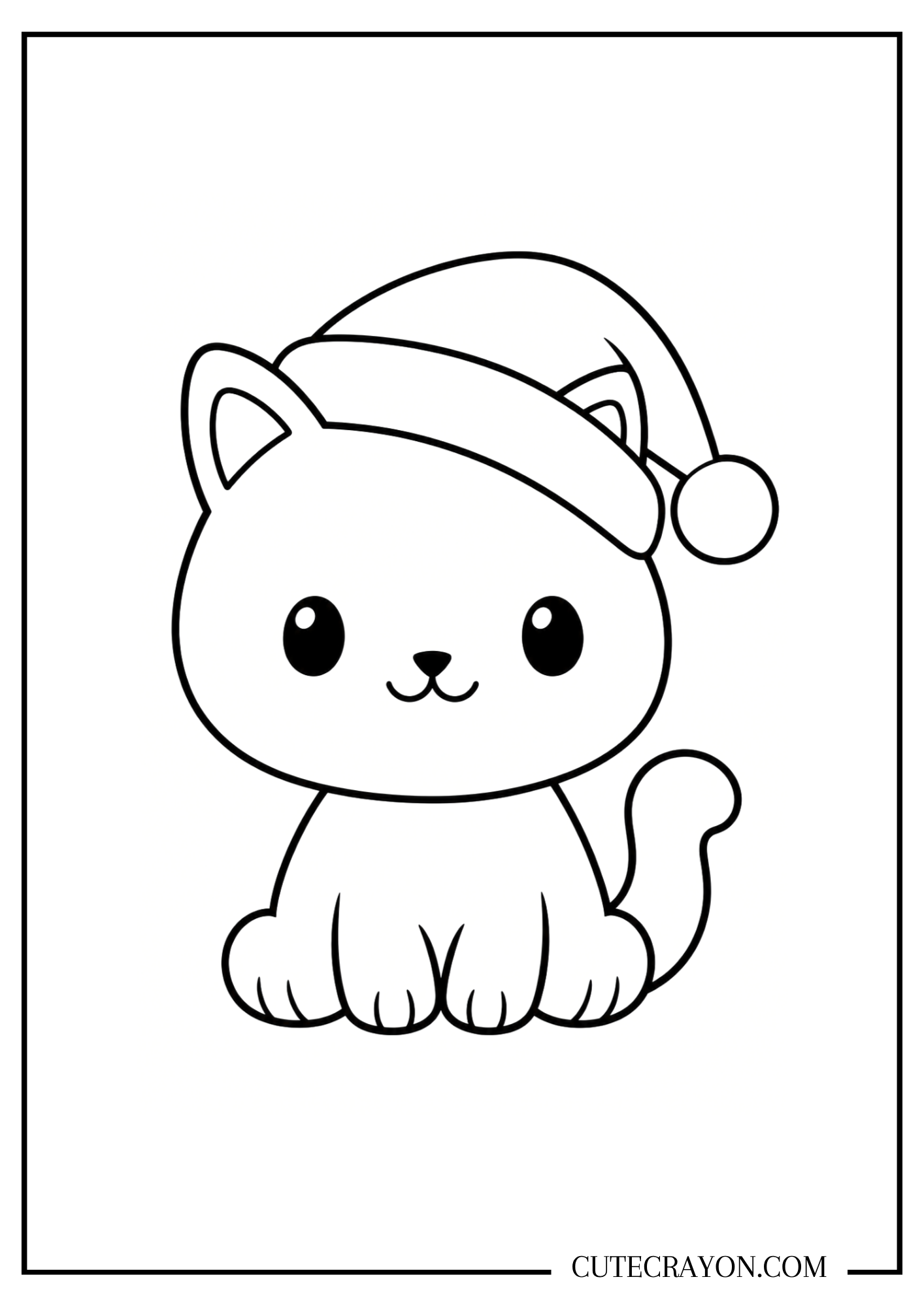 Easy kawaii Christmas cat coloring page showing a seated kitten with a curled tail and a large Santa hat.