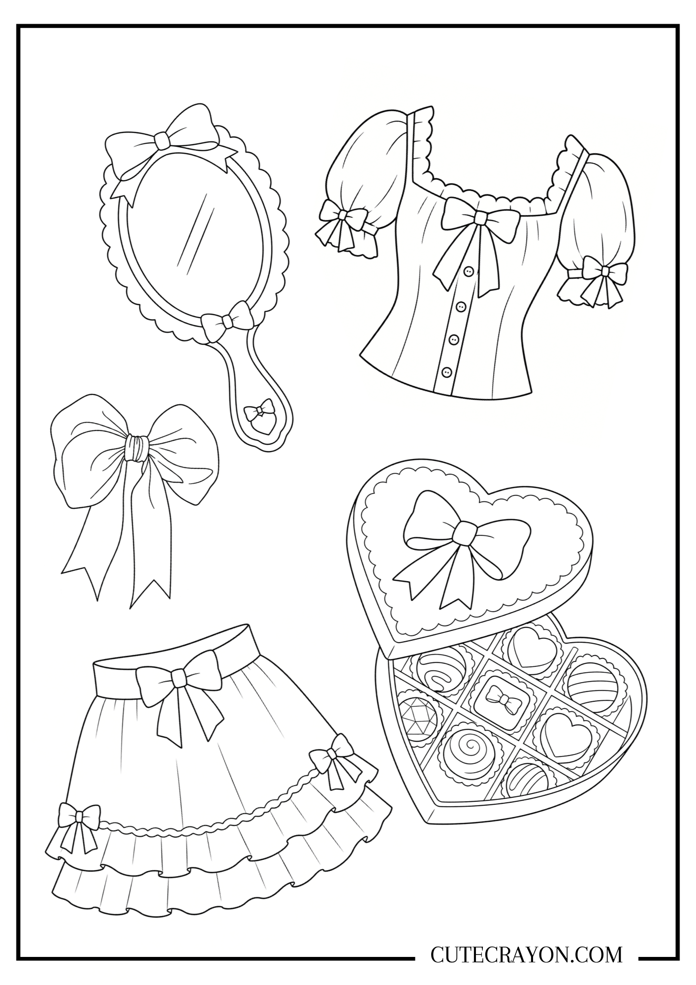 Free printable PDF aesthetic coquette coloring page featuring a bow-trimmed hand mirror, puff-sleeve top, ruffled skirt, large ribbon bow, and heart-shaped chocolate box.