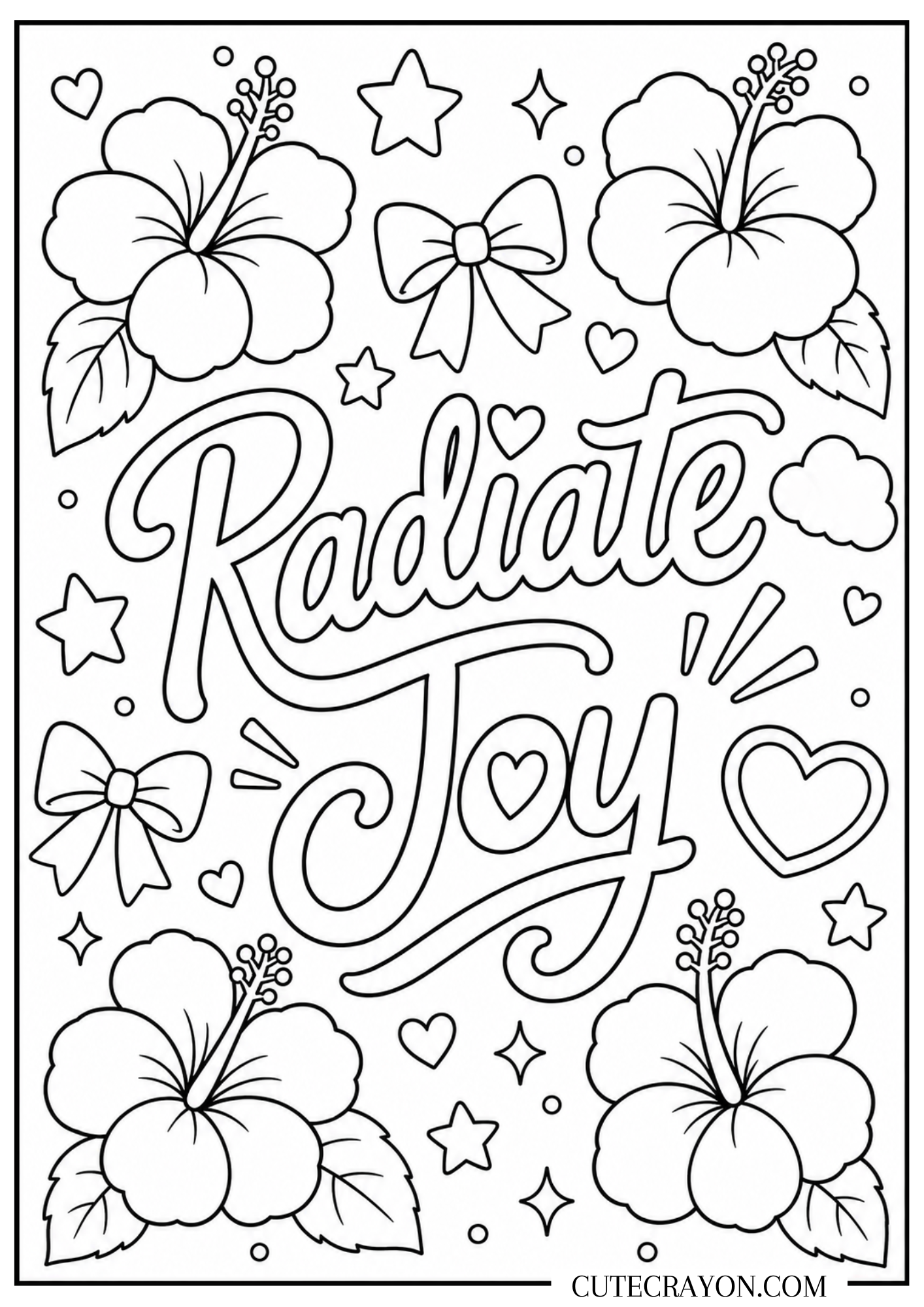 Aesthetic coloring page, free printable PDF, featuring “Radiate Joy” lettering with hibiscus flowers, bows, hearts, stars, sparkles, and cute Y2K-inspired doodles.