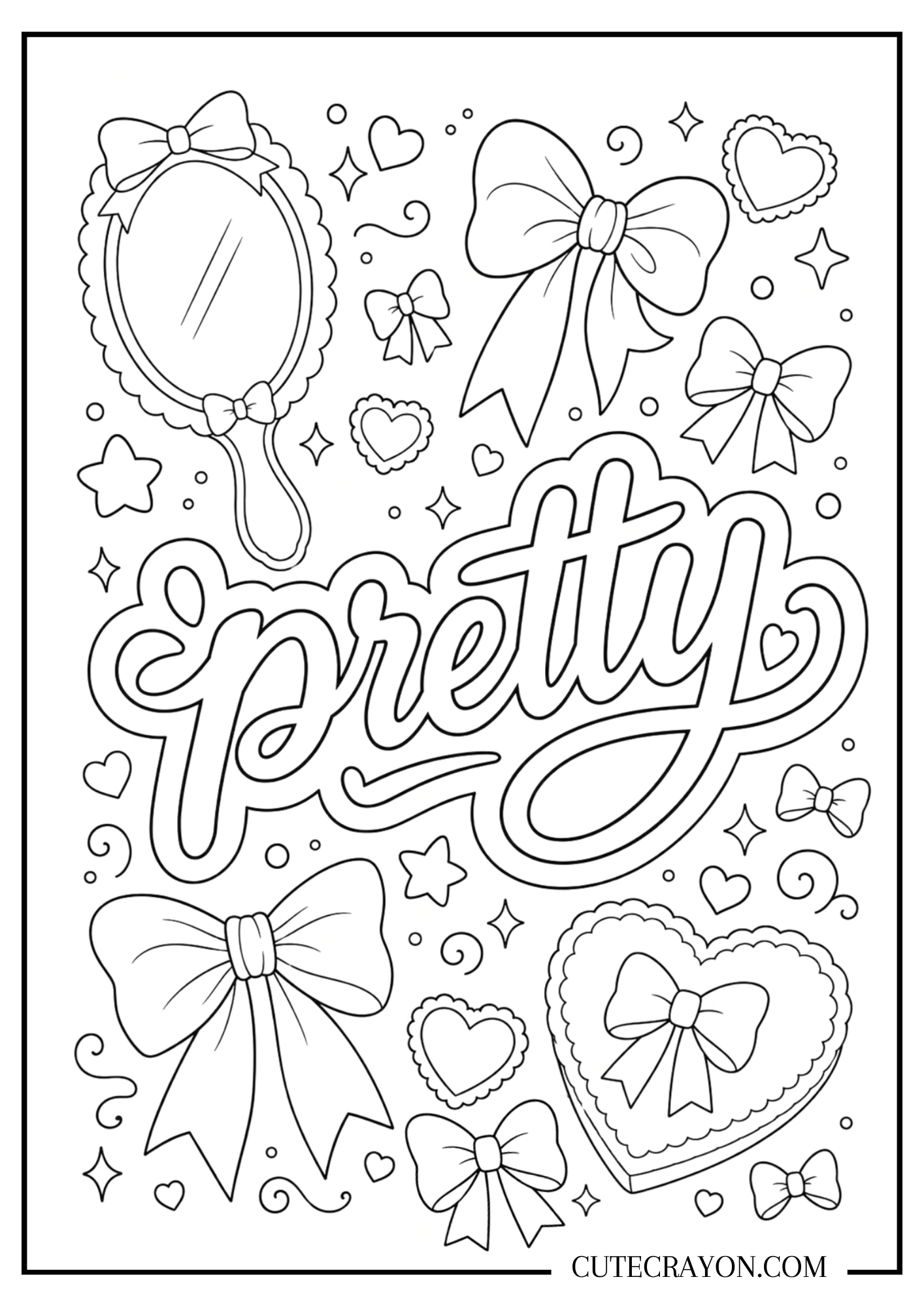 Coquette bow coloring page featuring the word “Pretty” in bold script, surrounded by bows, a hand mirror, scalloped hearts, sparkles, and cute decorative doodles.