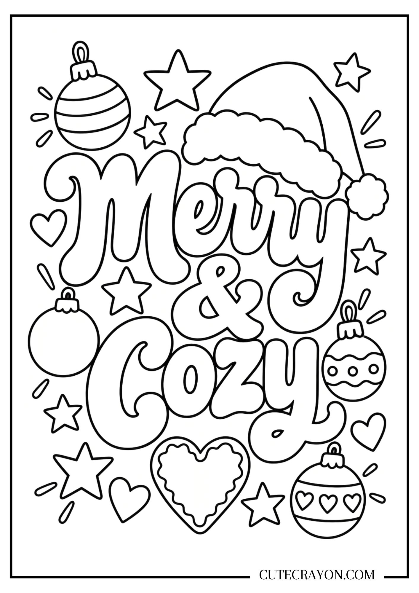 Merry and Cozy Christmas coloring page with a Santa hat, ornaments, stars, and a heart-shaped cookie – free printable PDF