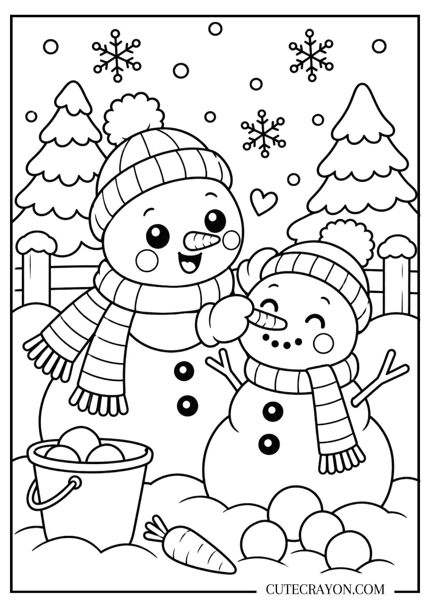 Cute Christmas coloring page of a snowman adding a carrot nose to a smaller snowman among snowy trees – free printable PDF