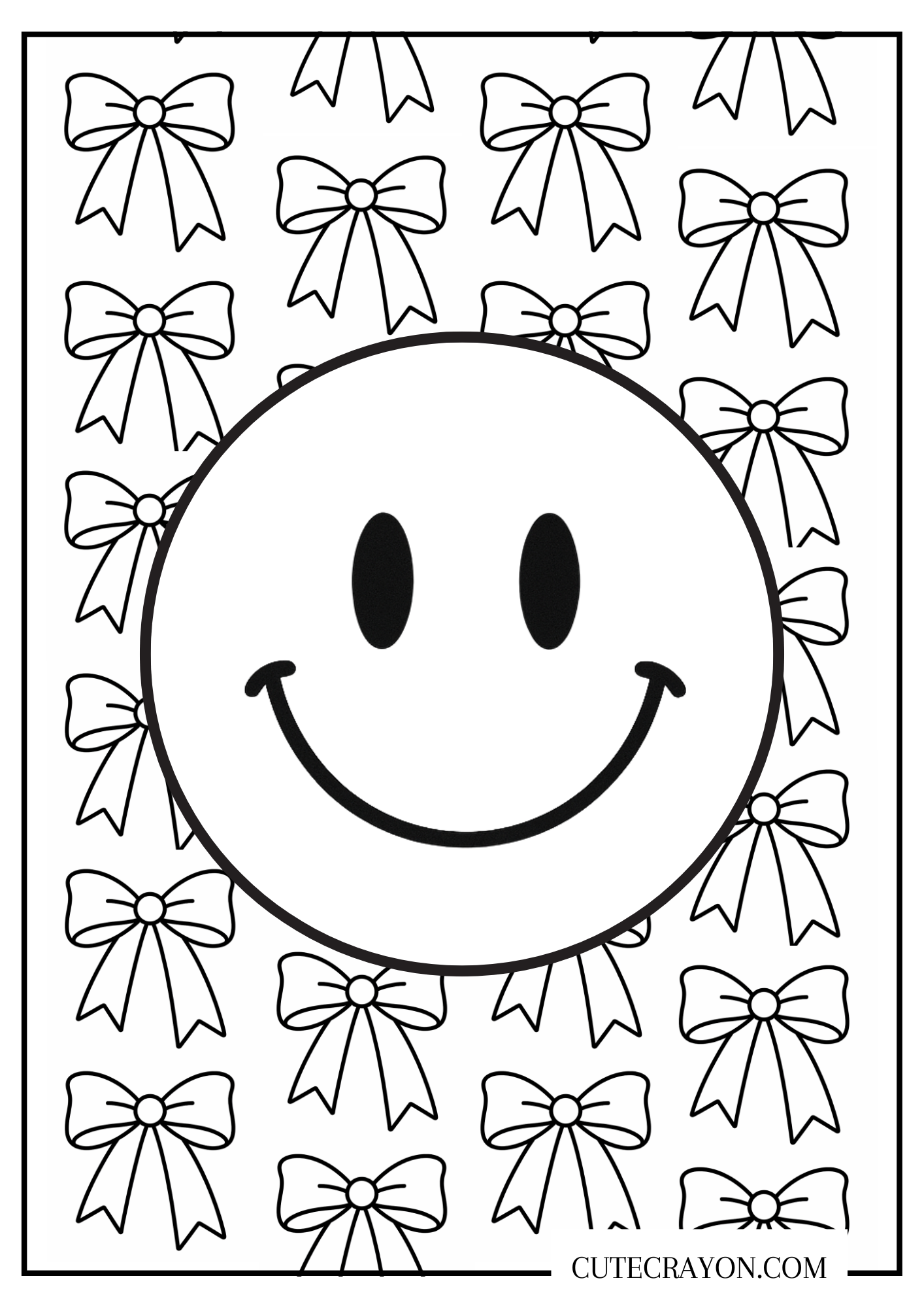 Coloring page featuring smiley and bows free printable pdf