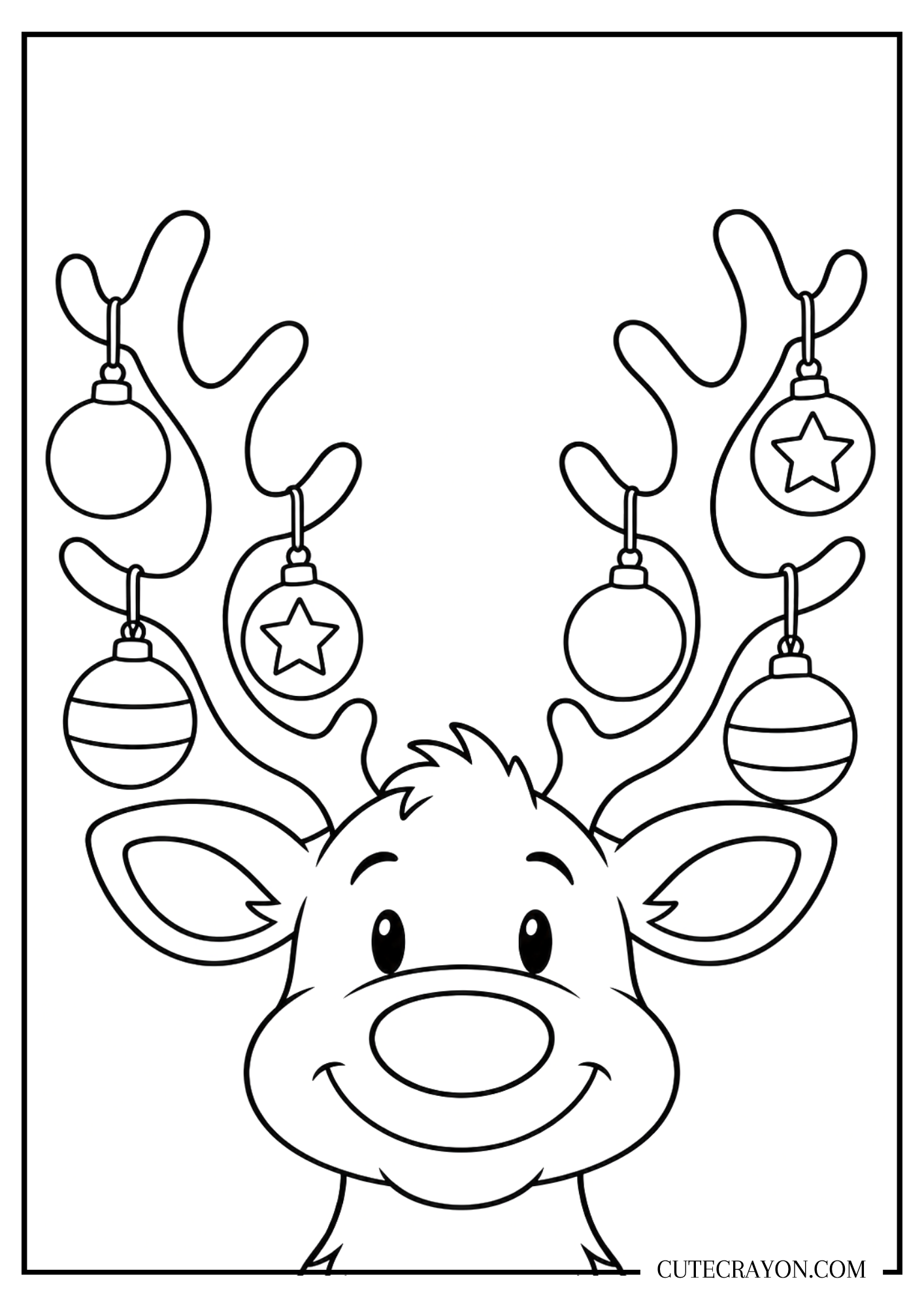 Christmas reindeer coloring page with a smiling reindeer head and six ornaments hanging from its large antlers.